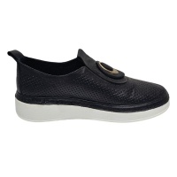 Kadın Hakiki  Deri Lazer Delikli Tokalı Slip-On  Comfort  Ayakkabı  Siyah 