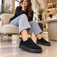  Kadın Hakiki Süet Otantik Örgü  Dantel  İşlemeli Siyah Sneaker 