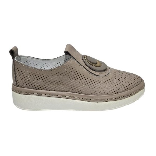 Hakiki Deri Lazer Delikli Tokalı Slip-On Comfort Ayakkabı  Vizon