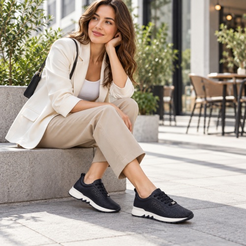 Hakiki Deri Lazer Kesim Dalgalı  Taban Bağcıklı Kadın Sneaker  Siyah 