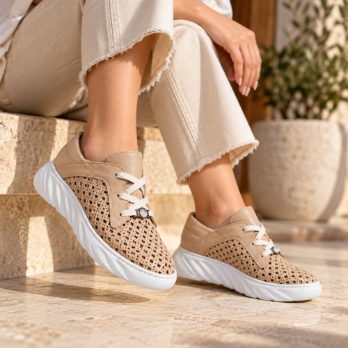 Hakiki Deri Lazer Kesim Perfore Nefes Alabilen  Yazlık Sneaker  Pudra -Ten