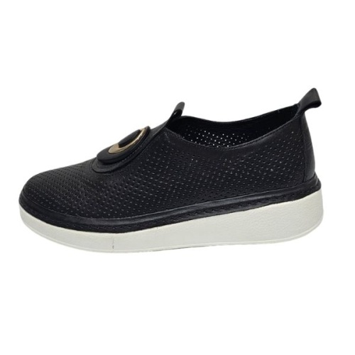 Kadın Hakiki  Deri Lazer Delikli Tokalı Slip-On  Comfort  Ayakkabı  Siyah 