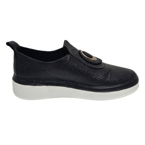 Kadın Hakiki  Deri Lazer Delikli Tokalı Slip-On  Comfort  Ayakkabı  Siyah 