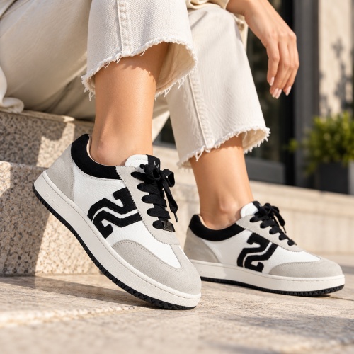 Kadın Hakiki Deri Süet Detaylı Logolu Günlük Sneaker -Ekru  Siyah