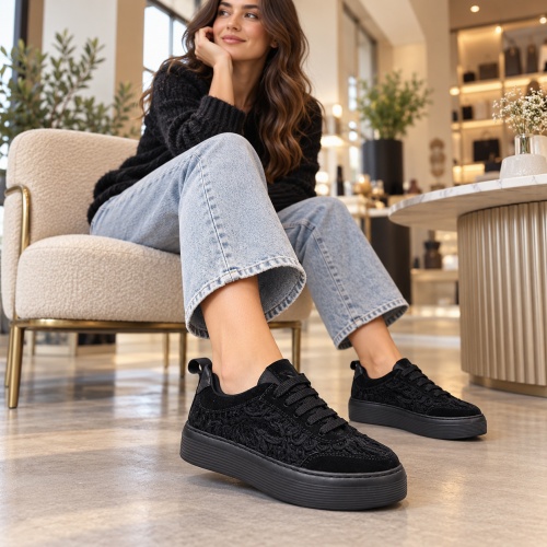  Kadın Hakiki Süet Otantik Örgü  Dantel  İşlemeli Siyah Sneaker 