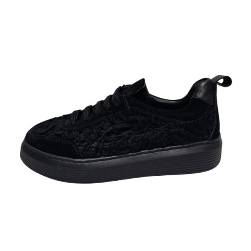  Kadın Hakiki Süet Otantik Örgü  Dantel  İşlemeli Siyah Sneaker 